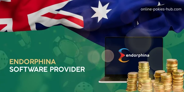 laptop with endorphina game provider, coins, australian flag, inscription on green playing chips and dice background