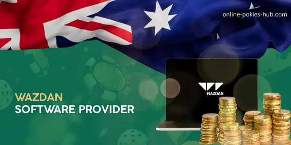 laptop with wazdan game provider, coins, australian flag, inscription on green playing chips and dice background