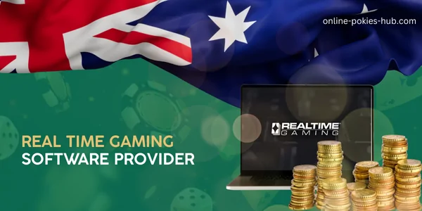 laptop with real time gaming game provider, coins, australian flag, inscription on green playing chips and dice background