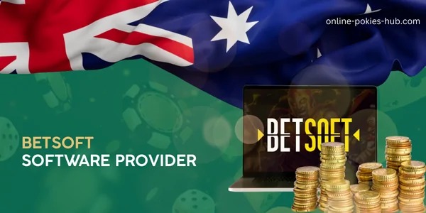 laptop with betsoft game provider, coins, australian flag, inscription on green playing chips and dice background