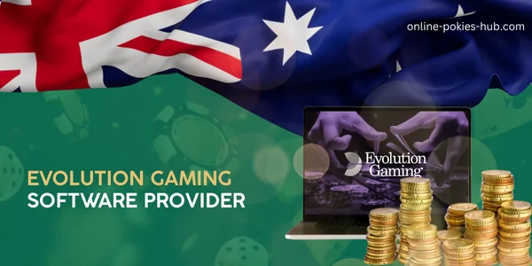laptop with evolution gaming game provider, coins, australian flag, inscription on green playing chips and dice background