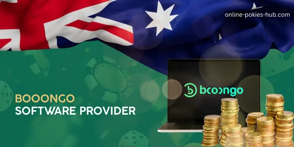laptop with booongo game provider, coins, australian flag, inscription on green playing chips and dice background