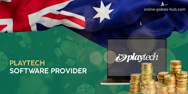 laptop with playtech game provider, coins, australian flag, inscription on green playing chips and dice background