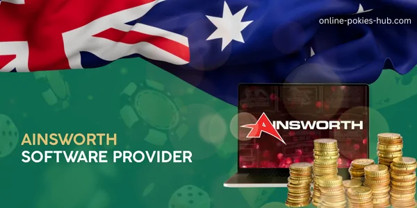 laptop with ainsworth game provider, coins, australian flag, inscription on green playing chips and dice background