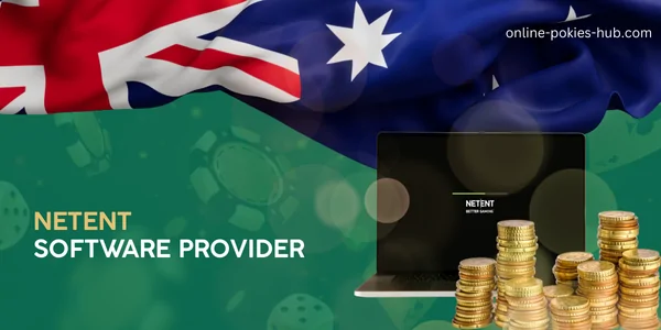 laptop with netent game provider, coins, australian flag, inscription on green playing chips and dice background