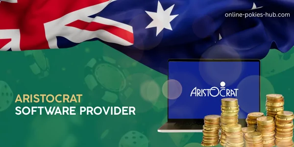 laptop with aristocrat game provider, coins, australian flag, inscription on green playing chips and dice background