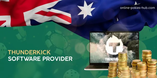 laptop with thunderkick game provider, coins, australian flag, inscription on green playing chips and dice background