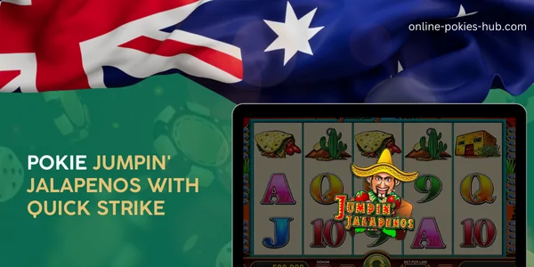 monitor with pokie jumpin' jalapenos, australian flag, inscription on green playing chips and dice background