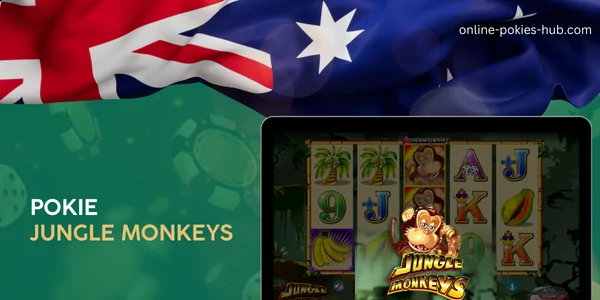 monitor with pokie jungle monkeys, australian flag, inscription on green playing chips and dice background