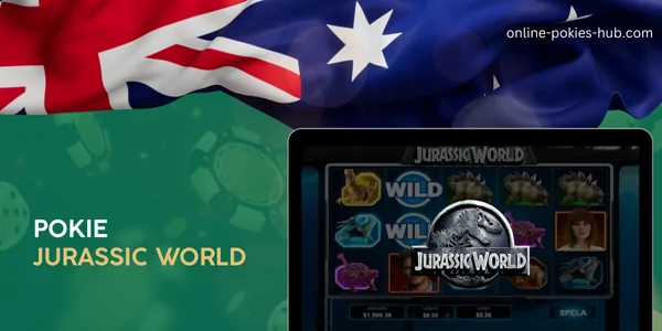 monitor with pokie jurassic world, australian flag, inscription on green playing chips and dice background