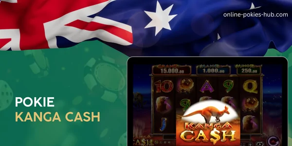 monitor with pokie kanga cash, australian flag, inscription on green playing chips and dice background