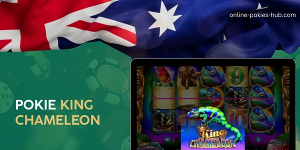 monitor with pokie king chameleon, australian flag, inscription on green playing chips and dice background
