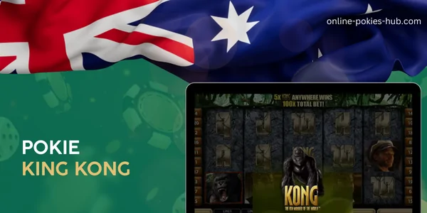 monitor with pokie king kong, australian flag, inscription on green playing chips and dice background