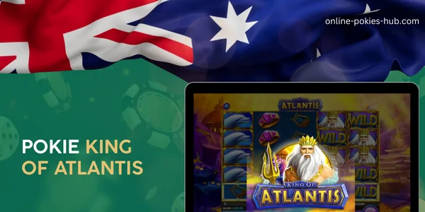 monitor with pokie king of atlantis, australian flag, inscription on green playing chips and dice background