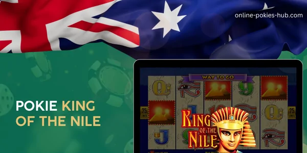 monitor with pokie king of the nile, australian flag, inscription on green playing chips and dice background