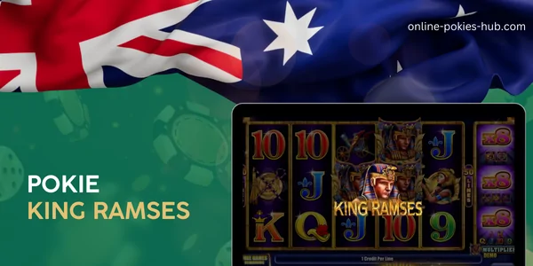 monitor with pokie king ramses, australian flag, inscription on green playing chips and dice background