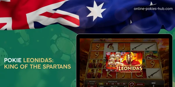 monitor with pokie leonidas: king of the spartans, australian flag, inscription on green playing chips and dice background