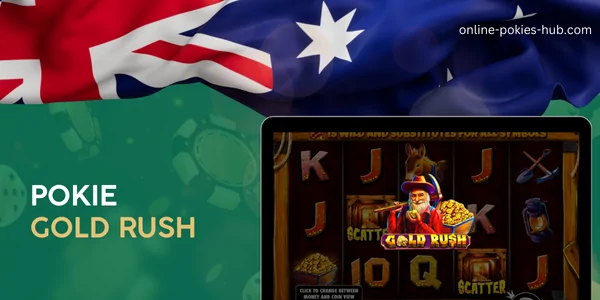 monitor with pokie gold rush, australian flag, inscription on green playing chips and dice background
