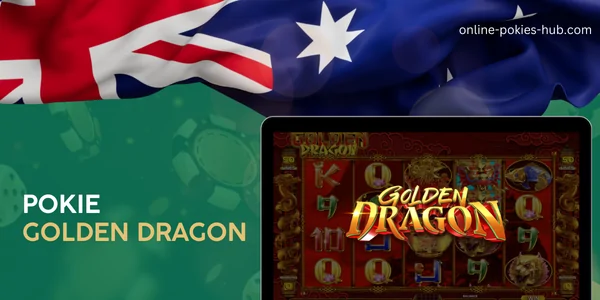 monitor with pokie golden dragon, australian flag, inscription on green playing chips and dice background