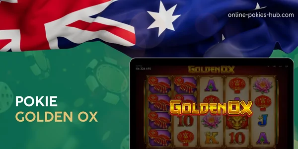 monitor with pokie golden ox, australian flag, inscription on green playing chips and dice background
