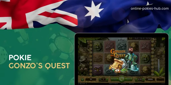 monitor with pokie gonzo’s quest , australian flag, inscription on green playing chips and dice background
