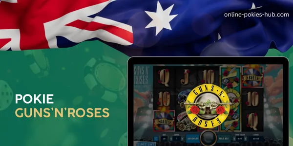 monitor with pokie guns’n’roses , australian flag, inscription on green playing chips and dice background