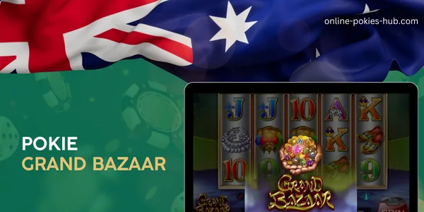 monitor with pokie grand bazaar , australian flag, inscription on green playing chips and dice background
