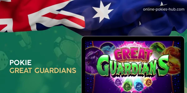 monitor with pokie great guardians, australian flag, inscription on green playing chips and dice background