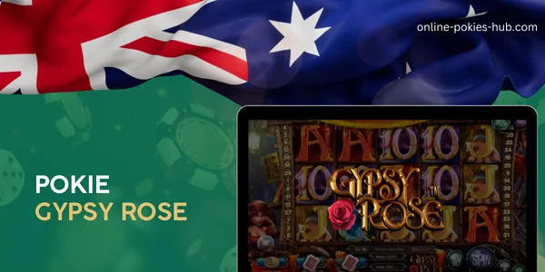 monitor with pokie gypsy rose, australian flag, inscription on green playing chips and dice background