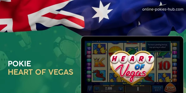 monitor with pokie heart of vegas, australian flag, inscription on green playing chips and dice background