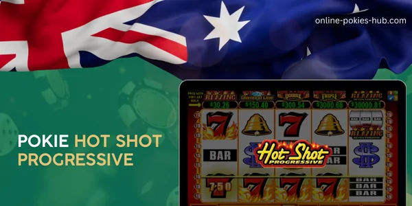 monitor with pokie hot shot progressive, australian flag, inscription on green playing chips and dice background