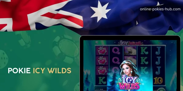 monitor with pokie icy wilds, australian flag, inscription on green playing chips and dice background