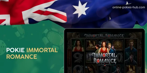 monitor with pokie immortal romance, australian flag, inscription on green playing chips and dice background