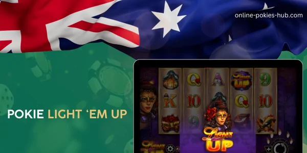 monitor with pokie light ‘em up, australian flag, inscription on green playing chips and dice background