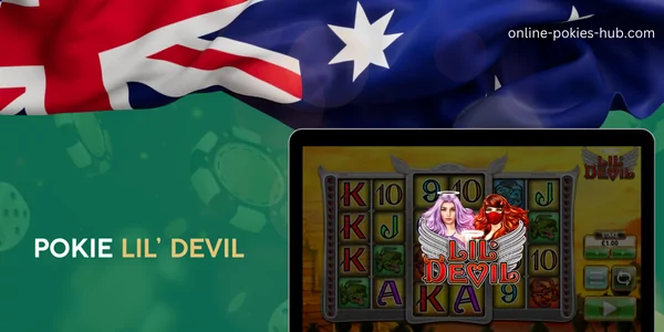 monitor with pokie lil’ devil, australian flag, inscription on green playing chips and dice background
