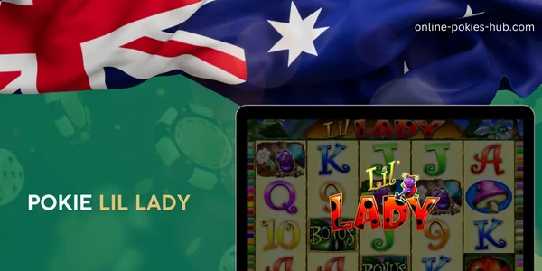 monitor with pokie lil lady, australian flag, inscription on green playing chips and dice background