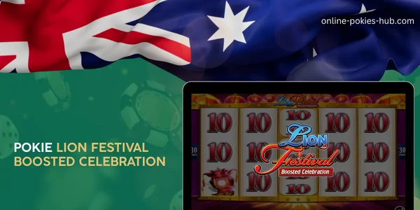monitor with pokie lion festival boosted celebration, australian flag, inscription on green playing chips and dice background