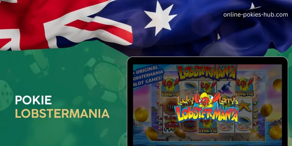 monitor with pokie lobstermania, australian flag, inscription on green playing chips and dice background