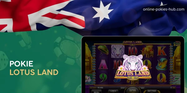 monitor with pokie lotus land, australian flag, inscription on green playing chips and dice background