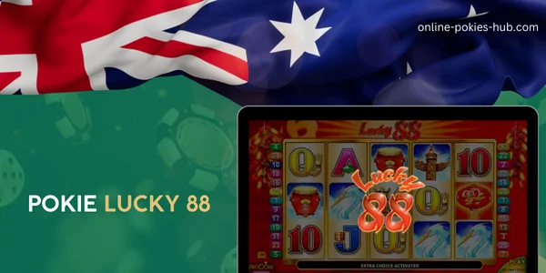 monitor with pokie lucky 88, australian flag, inscription on green playing chips and dice background