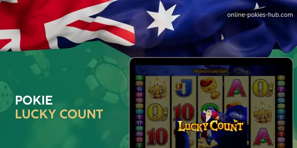 monitor with pokie lucky count, australian flag, inscription on green playing chips and dice background