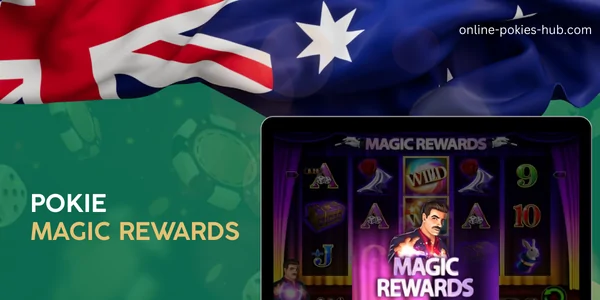 monitor with pokie magic rewards, australian flag, inscription on green playing chips and dice background