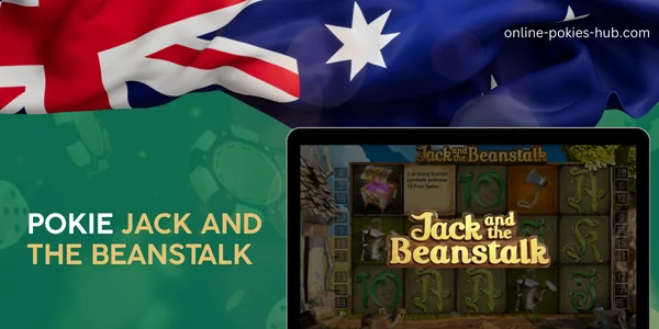 monitor with pokie jack & the beanstalk, australian flag, inscription on green playing chips and dice background