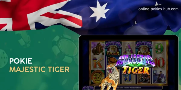monitor with pokie majestic tiger, australian flag, inscription on green playing chips and dice background
