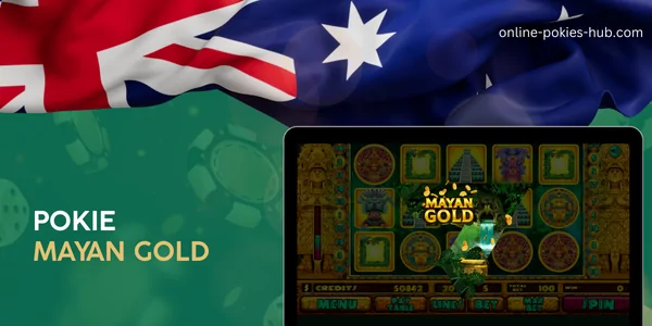 monitor with pokie mayan gold, australian flag, inscription on green playing chips and dice background