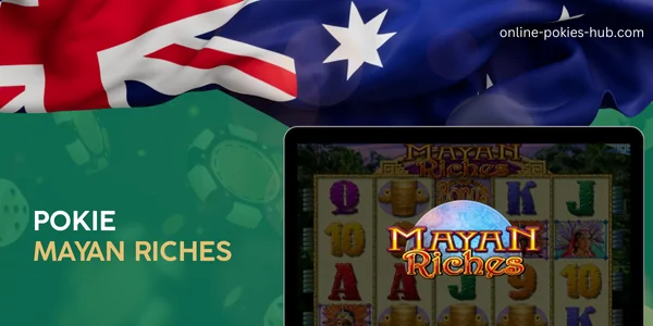 monitor with pokie mayan riches, australian flag, inscription on green playing chips and dice background