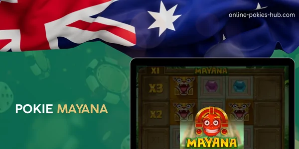 monitor with pokie mayana, australian flag, inscription on green playing chips and dice background