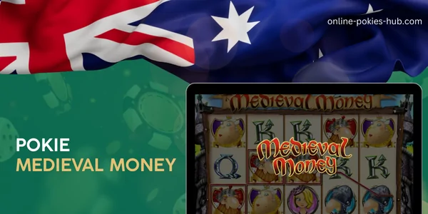 monitor with pokie medieval money, australian flag, inscription on green playing chips and dice background