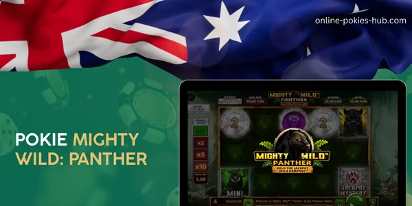 monitor with pokie mighty wild: panther, australian flag, inscription on green playing chips and dice background