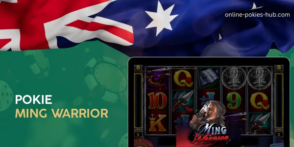 monitor with pokie ming warrior, australian flag, inscription on green playing chips and dice background